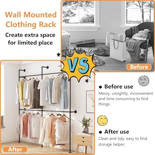Industrial Pipe Garment Rack, Wall Mounted Clothing Organizer for Walk-in Wardrobe, Multi-Purpose Storage Solution, Heavy Duty, 399 * 220cm - Image 5