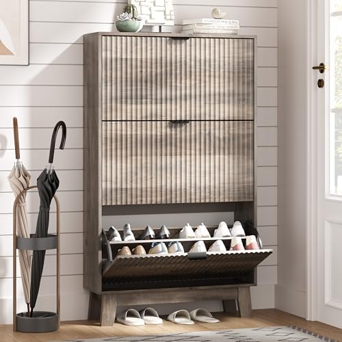 Shoe Cabinet Storage for Entryway with 3 Flip Drawers, Fluted Narrow Shoe Organizer with Wooden Legs, Freestanding Slim Shoe Storage Hidden Shoe Rack Organizer for Front Door Entrance, Hallway, Grey by HUANLEGO
