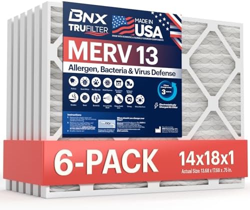 BNX TruFilter 14x18x1 Air Filter MERV 13 (6-Pack) - MADE IN USA - Electrostatic Pleated Air Conditioner HVAC AC Furnace Filters for Allergies, Pollen, Mold, Bacteria, Smoke, Allergen, MPR 1900 FPR 10 by BNX