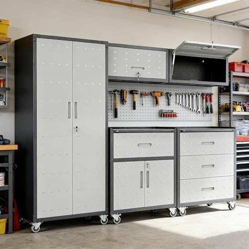Garage Cabinet System | Heavy Duty Steel All-in-One Modular Garage Cabinet Set for Ultimate Workshop Organization | Easy Assembly Garage Storage Cabinets & Tool Bench by VIYET