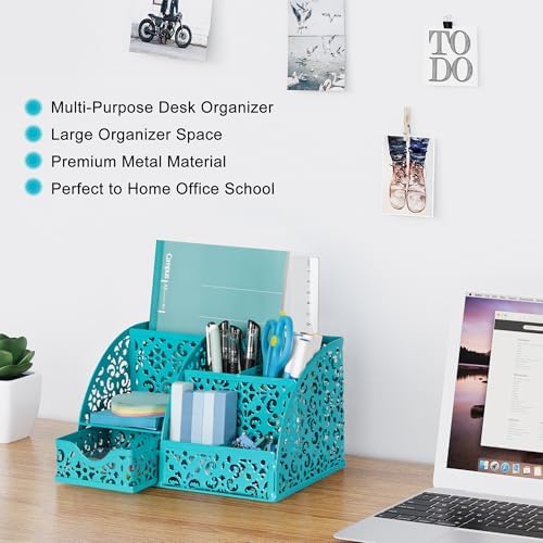 EasyPAG Desk Organizer and Pen Holder for Desk, Mesh Office Supplies Storage Caddy with Drawer for Small Space, Desktop Organizer for Home Office, Dark Teal - Image 3