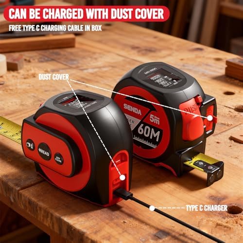 SENDA 3-in-1 Laser Tape Measure - 197Ft Rechargeable Laser Measuring Tape with Led Display & 16Ft Measuring Tool with Magnetic Hook & Auto Lock -20 Data Sets,Pythagorean/Area/Volume,Ft/Ft+in/in/M Unit - Image 4