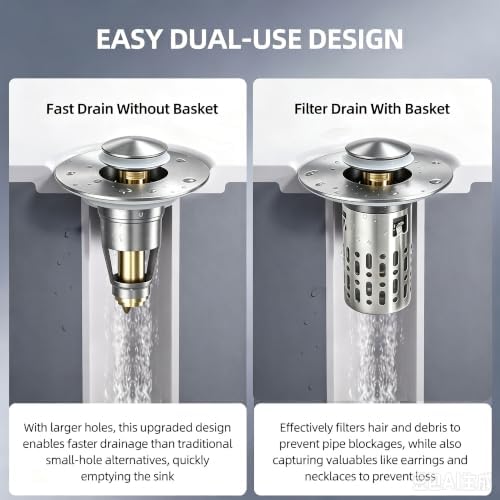Bathroom Sink Stopper, 3 in 1 Bathroom Sink Drain Strainer Universal Pop Up Sink Stopper with Removable Hair Catcher Anti-Clog Filter Basket Brass & Stainless Steel Brushed Nickel 1 PC - Image 4