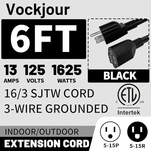 Vockjour 16/3 Black Indoor Outdoor Extension Cord 6 Ft Waterproof - Image 2