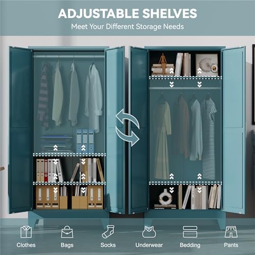 Baborokic Metal Armoire Wardrobe Closet with Hanging Rod,71H Metal Cabinet with Doors and Shelves,Bedroom Armoire Closet Organizers,Storage Cabinets for Bedroom,Office,Laundry Room(Blue) - Image 3