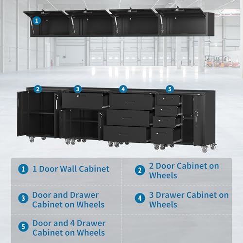 Black Garage Storage Cabinets System 8 PCS Workshop Set with Drawers Locking Heavy Duty Rolling Cart with Adjustable Shelves Garage Tool Workbench Cabinets,8pcs-1 - Image 6