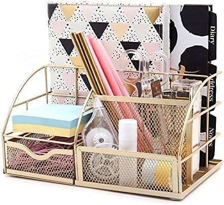 Exerz Desk Organizer Metal Mesh 7 Compartments Office Tidy Caddy Gold by Exerz