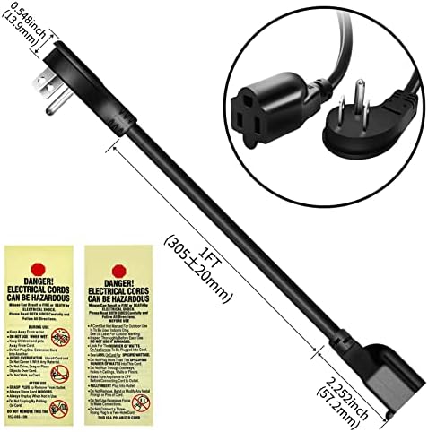 Miady Flat Plug Extension Cord 1 Ft, 90 Degree Plug Adapter, 3 Prong Grounded Wire Short Angle Power Cable Black ETL Listed (2-Pack, 13 Amp, 125 Volts, 1625 Watts) - Image 4