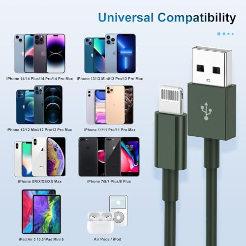 3 Pack Apple MFi Certified Charger Cable 6Ft, Lightning to USB Cable Cord 6 Foot, 2.4A Fast Charging,Apple Phone 6 Feet Long Chargers for iPhone 14/13/12/11/X/XS/XR/SE/8/7/6/5 Plus Pro Max Mini Olive - Image 6