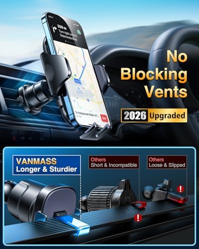 [True Military-Grade] Car Phone Holder VANMASS [Upgraded Strongest Suction&Clip] Cell Phone Mount for Dashboard Windshield Vent Kit, Truck Cradle Stand for iPhone 18 Pro Max 17 16 15 Android,Ink Black - Image 6