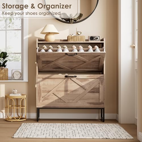 Nicetree Shoe Cabinet with 2 Flip Drawers，Freestanding Shoe Storage Cabinet, Narrow Shoe Organizer Cabinet, Farmhouse Slim Shoe Rack Cabinet for Entryway,Toasted Oak - Image 6