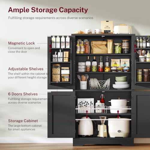 Pantry Cabinet with 4 Doors, Kitchen Storage Cabinet with Door Shelves, - Image 4