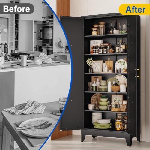 75" Metal Storage Cabinet with 2 Doors and 5 Adjustable Shelves,Black Farmhouse Kitchen Pantry Cabinet,Steel Garage Tool Cabinet,File Cabinetfor Home,Office,Dinning Living Room,Warehouse - Image 6