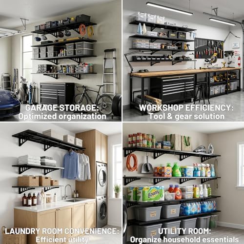 ZONEGRACE 2-Pack 2x3ft Deep Garage Shelving Wall Mount, 500 Lbs Wall Shelf Heavy Duty, Wall Shelves For Garage Storage With Complete Install Kit & Hooks, Black - Image 4