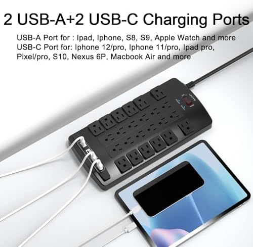 QINLIANF Surge Protector Power Strip - 6Ft Flat Plug Heavy Duty Extension Cord with 24 Outlets and 4 USB Ports(2 USB-C Ports), 4100J, for Home, Office, Dorm, ETL Listed, Black - Image 3