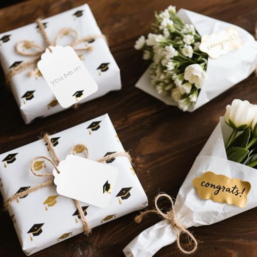100Pcs Blank Gift Tags with String Foil Black Gold Grad Cap Large Paper Gift Tags with 65 Ft Jute Twine for Congratulations Graduation Congrats Grad Class of 2025 Party - Image 4