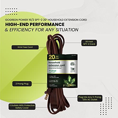 Go Green Power Inc. 20ft Household Extension Cord, Brown, 3 Outlets - Indoor Use Only, Kink-Free, Child-Safe Covers, Ideal for Everyday Electronics - Image 4