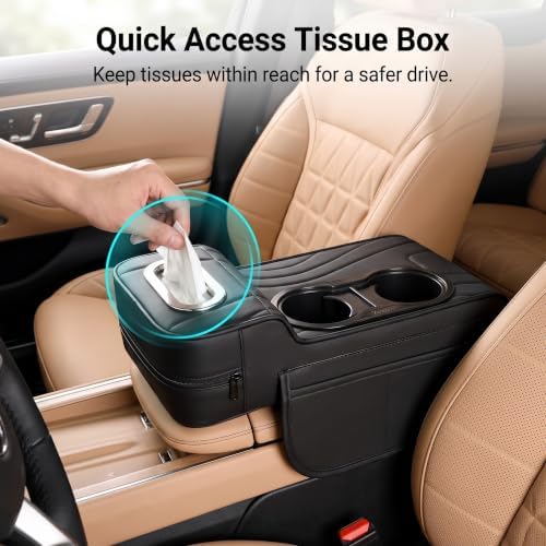 Multifunctional Car Armrest Cover, Premium PU Leather Memory Foam Center Console Cushion with Dual Cup Holders & Tissue Box, Center Console Organizer Storage Pouch for Sedans SUVs Trucks (Black) - Image 7