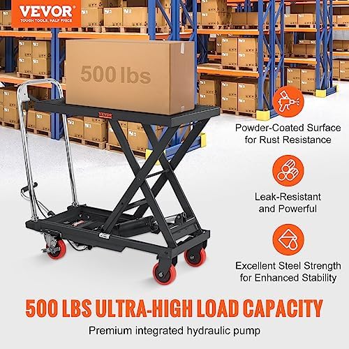 VEVOR TF23 Hydraulic Lift Table Cart, 500lbs Capacity 28.5" with 4 Wheels and Non-Slip Pad, for Material Handling and Transportation, Black - Image 2
