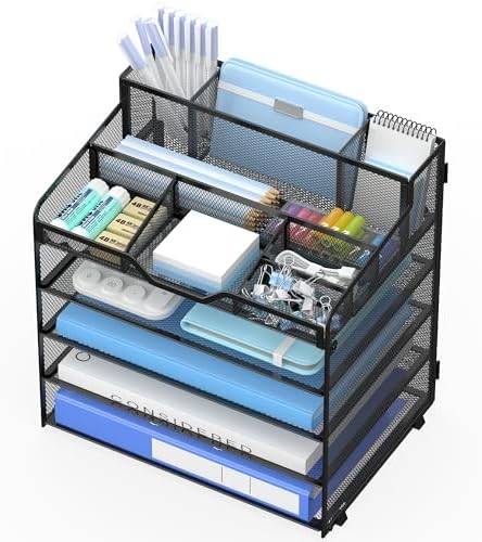 5 Tier Mesh Paper Desk Organizer with Pen Holders, Black by OrgMate
