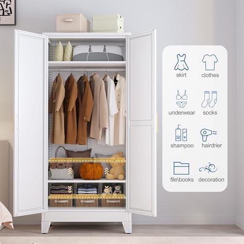 GAIOUS Metal Wardrobe Cabinet with Mirror and Hanging Rod, 71" White - Image 5