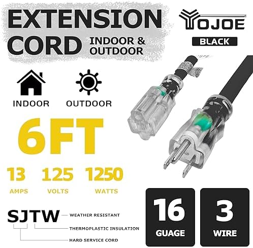 YOJOE Indoor Outdoor Extension Cord with Lighted End, 3 Prong 13A Weatherproof Power Cord, 16 Gauge Heavy Duty 6 ft Black Extension Cord for Garage, Garden and Home, 16/3 SJTW UL Listed - Image 2