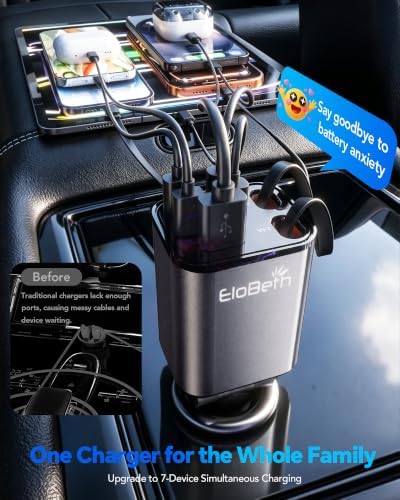 EloBeth 120W Retractable Car Charger,7-in-1 Car Charger USB C Fast Charge - Image 4