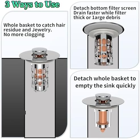 Bathroom Sink Stopper Drain Hair Catcher,3 in 1 Bathroom Sink Drain Strainer with Anti-Clogging Filter Basket,Sink Stopper Bathroom Drain for 1.06"~1.61" Drain Hole 2 PCS(Silver Chrome) - Image 3