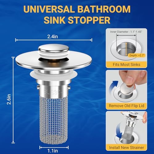 Bathroom Sink Drain Strainer, Pop-Up Bathroom Sink Stopper with Removable Stainless Steel Hair Catcher Basket, Universal Fit for US Bathroom Sinks, Showers & Floor Drains (4pcs) - Image 6