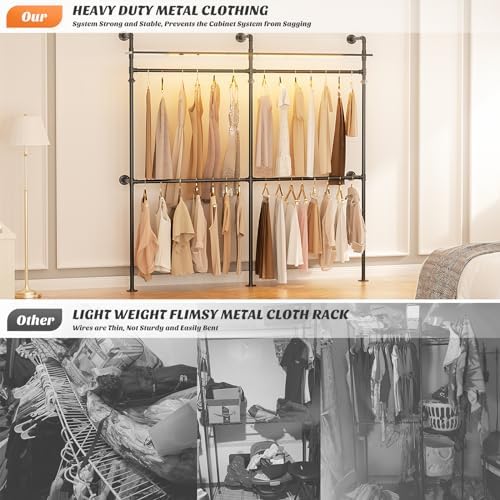 Aheaplus Industrial Pipe Clothing Rack, 79.7'' Closet System with LED Light - Image 5