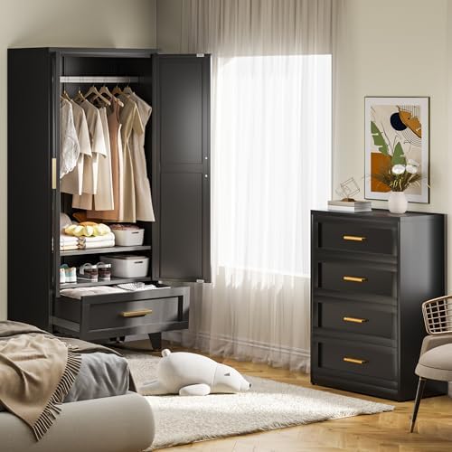 Baborokic Metal Wardrobe Cabinet,71 Armoire Wardrobe Closet with Drawers and Hanging Rod,Metal Armoire with Adjustable Shelves for Closet,Bedroom,Farmhouse Storage Cabinet with Drawer(Black) - Image 5
