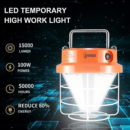 Led Temporary Work Light 100W，Super Bright 15000LM 5000k Construction Lights with Hook Portable Hanging Linkable Durable LED Work Temp Lights for Damp Location Outdoor Indoor Area Lighting - Image 3