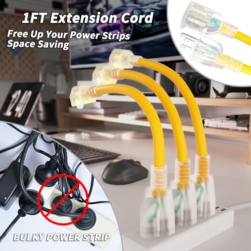 PlugSaf 1FT 3Pack 12 Gauge Extension Cord, Short Extension Cord, Yellow - Image 2