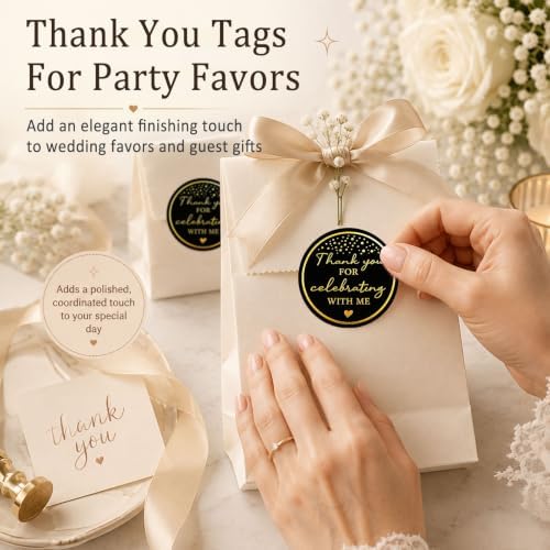 100PCS Thank You for Celebrating with Me Stickers, Black Gold Wedding Favor Labels for Bridal Shower, Baby Shower, Engagement Party, Gift Bags & Invitations 1.6 Inch (Black Gold, with Me) - Image 6