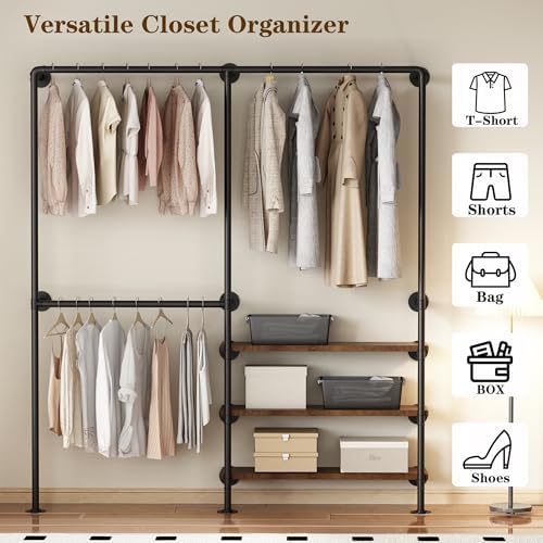 Industrial Pipe Clothes Rack, Wall Mounted Clothing Rack with Shelves, Heavy Duty Closet Organizers Wardrobe Multi-Purpose Storage Clothes Hanging Shelf-70.8''L Black - Image 2