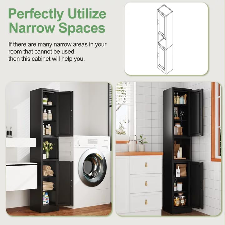 Ckzbx Tall Narrow Storage Cabinet 66.93" H Tall Bathroom Cabinets Metal Pantry Cabinet, 4 Adjustable Shelves for Kitchen, Home Office, Living Room, Dinning Room (12 inches Wide Black) - Image 4