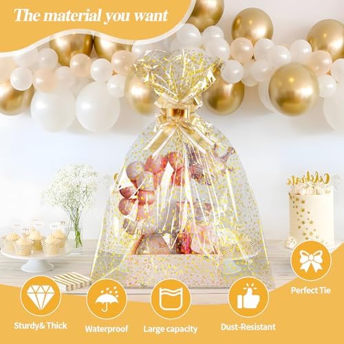 COQOFA 20 Pieces Large Cello/Cellophane Bags 18x30 Inches Clear Basket Gift Bags Gold Star Printed OPP Plastic Cellophane Wrap for Baskets Gift Packaging with Gold Pull Bows - Image 3
