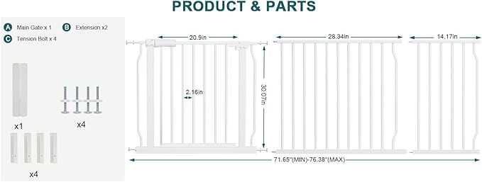 Extra Wide Baby Gate Tension Indoor Safety Gates White Metal Large Pressure - Image 3