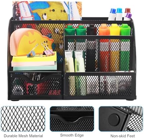 Comix Mesh Pen Pencil Holder Desk Organizer, 7 Compartment Wire Desktop Pen Pencil Cup Caddy Office Supplies for Home Office School, Black - Image 3