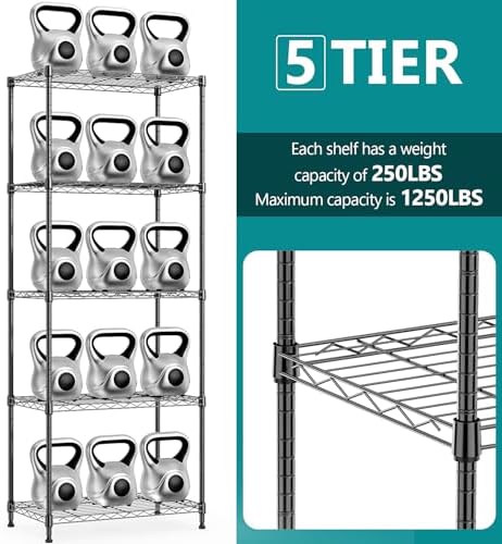 IZEUK 5-Tier Black Metal Storage Shelves, Adjustable Wire Shelving Unit for Kitchen, Bathroom, Pantry, Office, Garage, Organizer Wire Rack, 1250 lbs, 13.7" D x 23.6" W x 63" H - Image 3