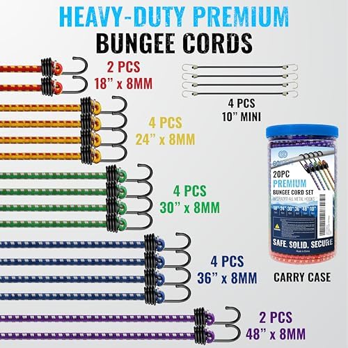 GOEASY0312 Heavy Duty Bungee Cords with Hooks, 20pcs 6 Sizes, Multi-Color - Image 6