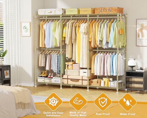 ULIFHOME E14 Pro Heavy Duty Clothes Rack，Freestanding Clothing Racks for Hanging Clothes，Adjustable Closet Organizers and Storage，Metal Garment Rack with Shelves 69"W x16"D x77"H，Max Load 960LBS，Gold - Image 4
