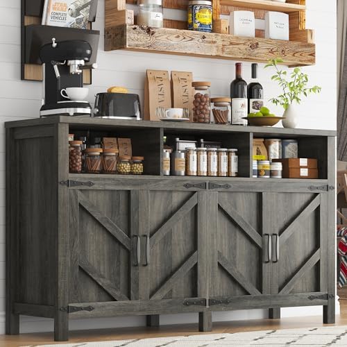 knoworld Buffet Sideboard with Storage Farmhouse, Large Kitchen Storage Cabinet Wood Coffee Bar Cabine Buffet for Kitchen, Living Room, 55in, Grey by KNOWORLD