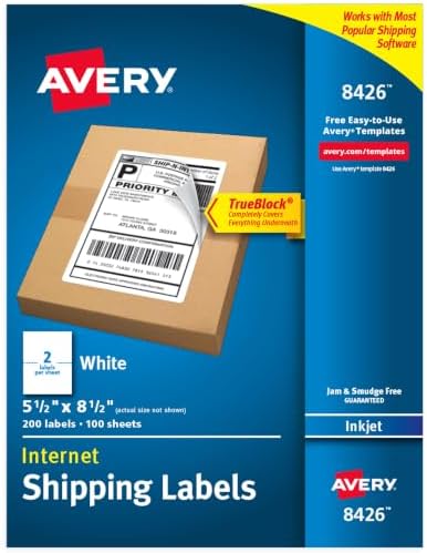 Avery® Printable Shipping Labels, 5.5" x 8.5" Customizable Stickers, White, 200 Blank Mailing Labels, Great for Mailing, Shipping, Organizing, and More (8426) by Avery