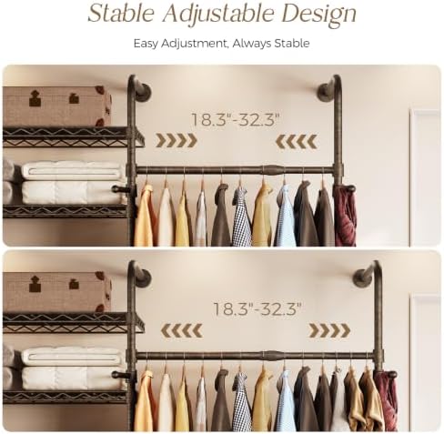 Closet Organizers Wall Mounted Closet System, 5-Row Heavy Duty Garment Clothes Rack, Industrial Pipe Clothing Rack with 4 Telescopic Rods, 3 Fixed Rods, 6 Hooks & 8 Shelves for Bedroom, Black and Gold - Image 3