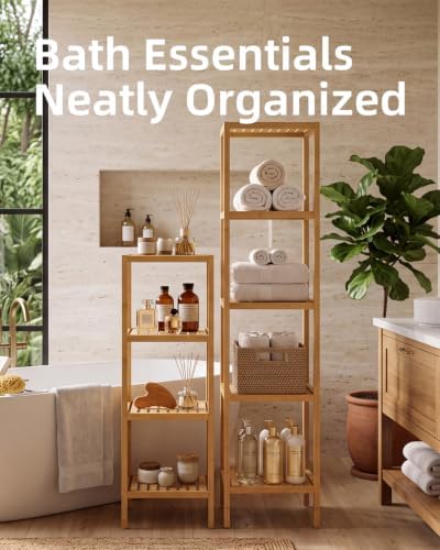 SMIBUY Bathroom Storage Shelf, 5-Tier Bamboo Rack Organizer, Multifunctional Shelving Unit for Living Room Bedroom Kitchen (Natural) - Image 6