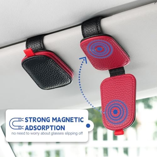 JUSTTOP 2Pack Sunglasses Holders for Car,Magnetic Leather Buckle Sun Visor Sunglass Clip,Ticket Card Clip Sunglasses Mount,Car Interior Accessories for Men and Women(Black-Red) - Image 3