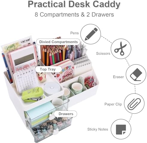 Meiikun Desk Organizer, Makeup Organizer with 2 Drawer, 7 Compartment & a Top Tray, Desktop Organizers and Storage for Women, Cute Home organization Bathroom, 11" x 5.7" x 4.7" (White) - Image 3