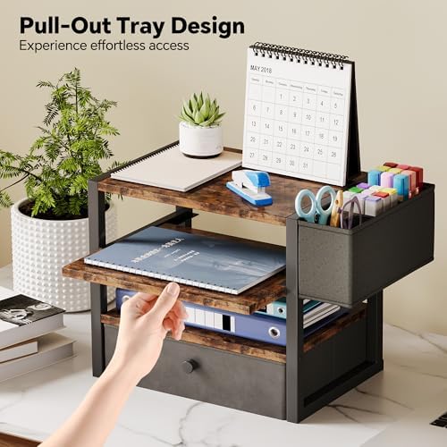 Desk Organizers and Accessories, 4-Tier Paper Letter Tray File Organizer with Fabric Drawer & 3 Pen Holder, Office Desk Accessories Workspace Desktop Organizer for Office Supplies, Rustic Brown - Image 2