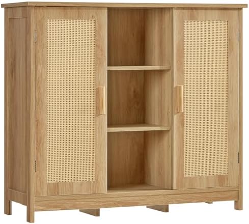Iwell Rattan Storage Cabinet with 4 Adjustable Shelves, Coffee Bar Cabinet, Sideboard Buffet for Kitchen, Living Room, Entryway, Natural by IWELL